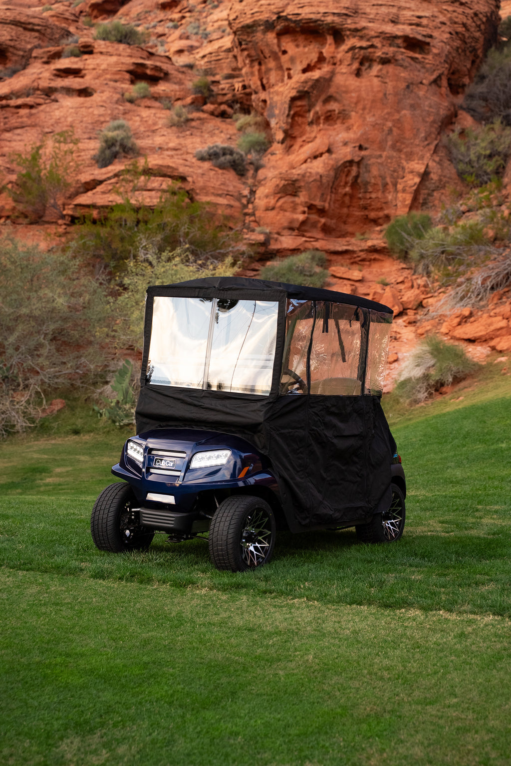 Black Clear Vision cover front view showing clear windshield and secure fit
