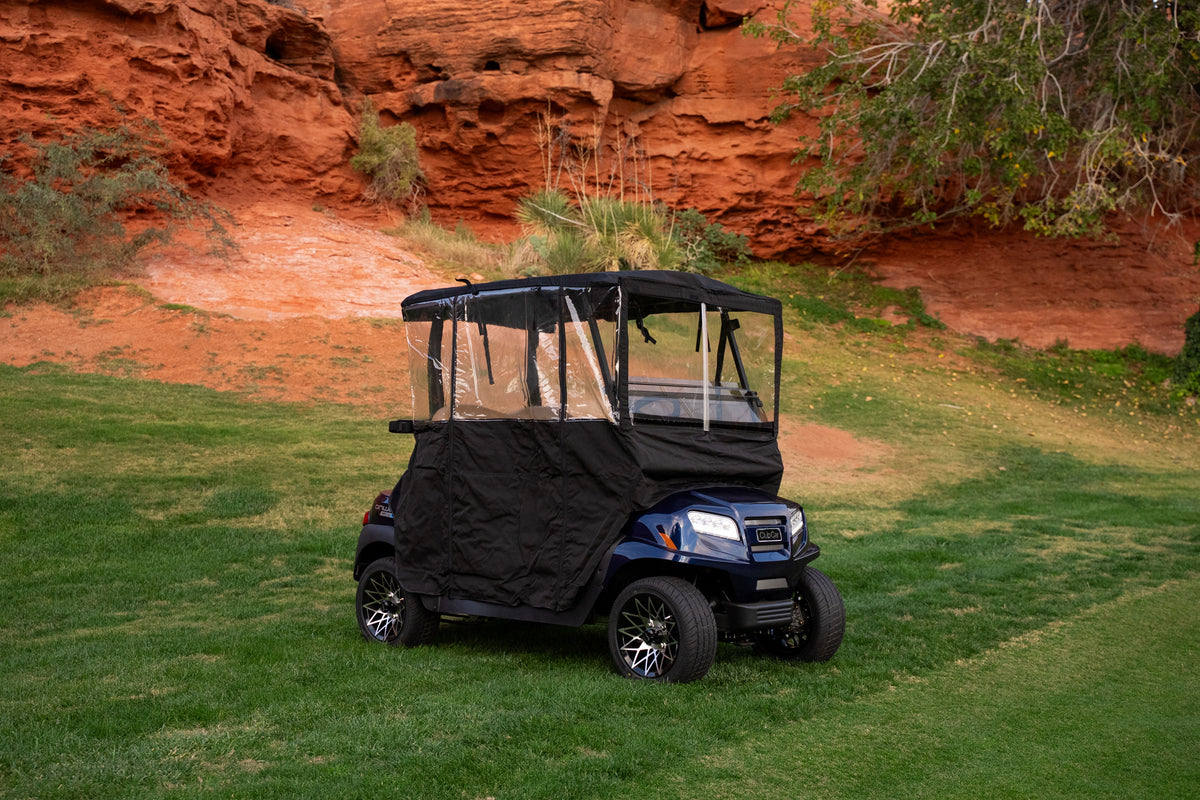 Black Clear Vision Golf Cart Cover with clear acrylic windows on navy cart