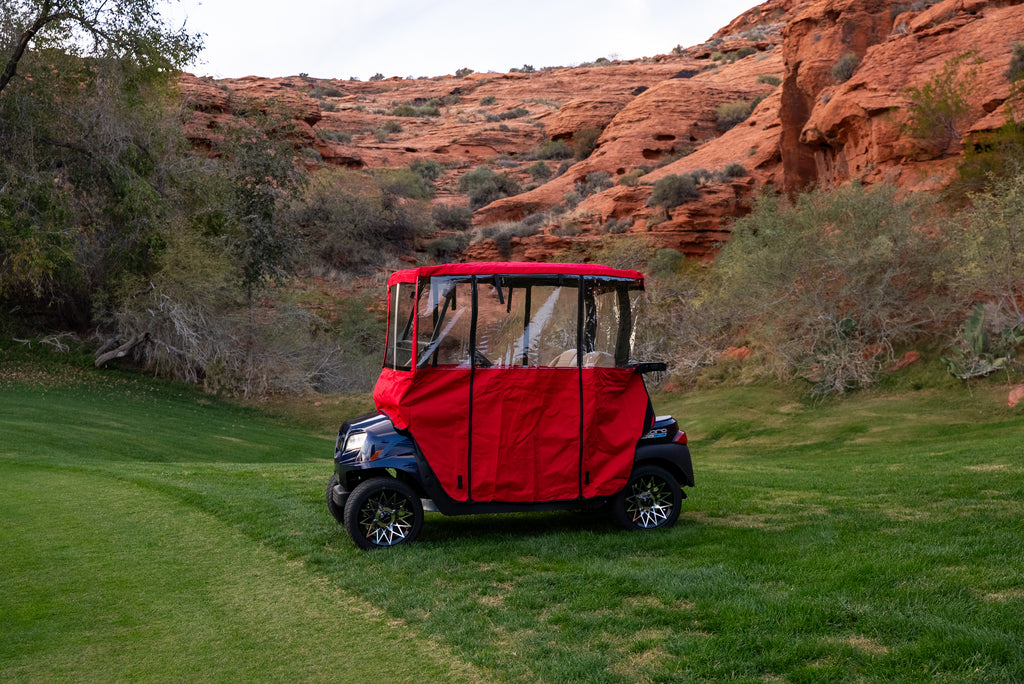 Rear three-quarter view of Red Clear Vision cover showing clear rear panel