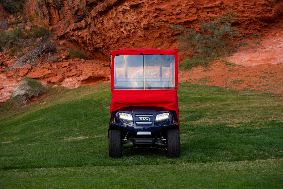 Clear Vision replacement acrylic window shown on Red Golf Cart Cover — fits Regular and XL