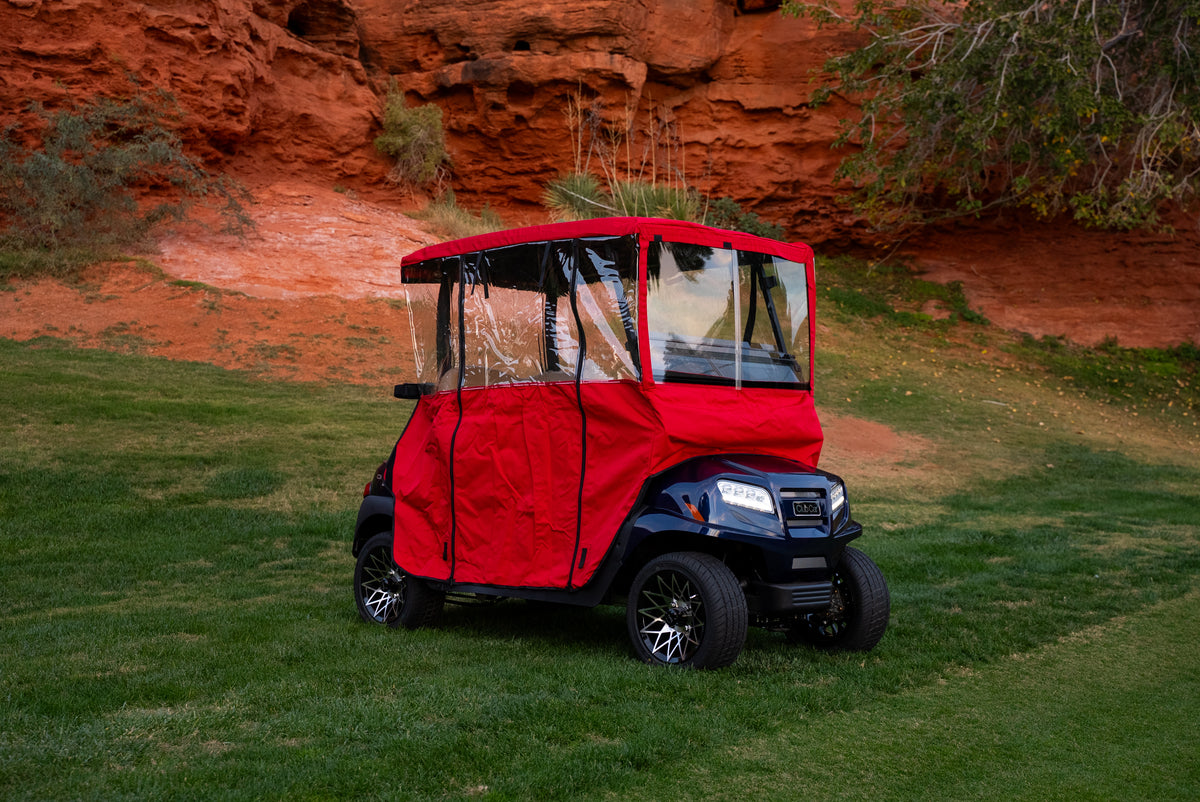 Front three-quarter view of Red Clear Vision cover with clear acrylic windshield