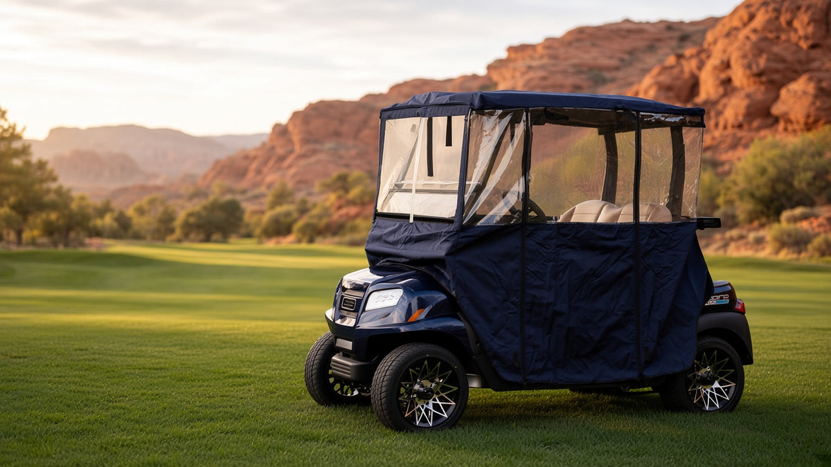 Clear Vision navy golf cart cover on course